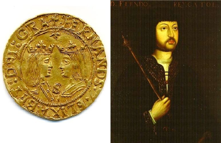 Moneda de los Reyes Católicos, y retrato de Fernando II de Aragón.