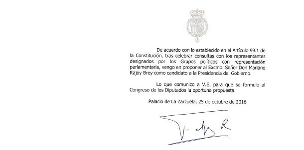El rey propone a Mariano Rajoy a las Cortes Generales