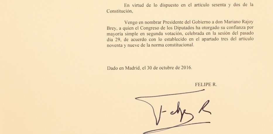 Real Decreto de Felipe VI nombrando a Mariano Rajoy presidente del Gobierno