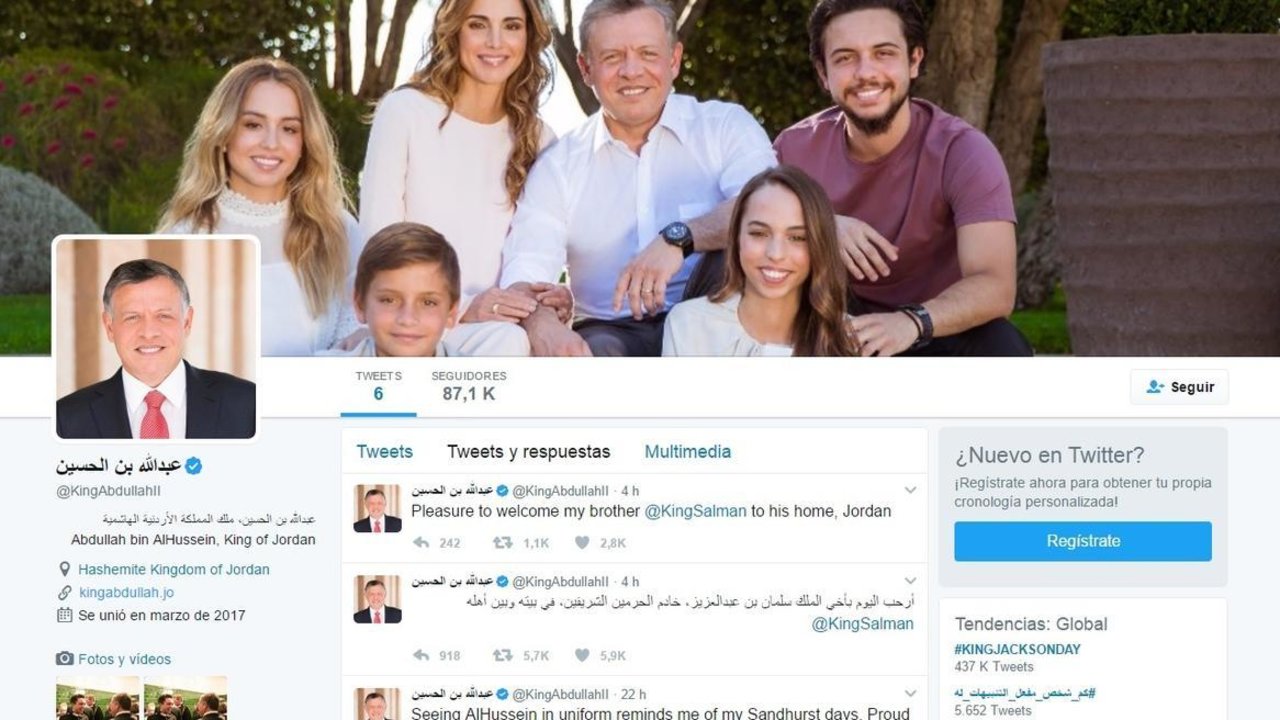 Perfil del rey Abdalá II de Jordania en Twitter.