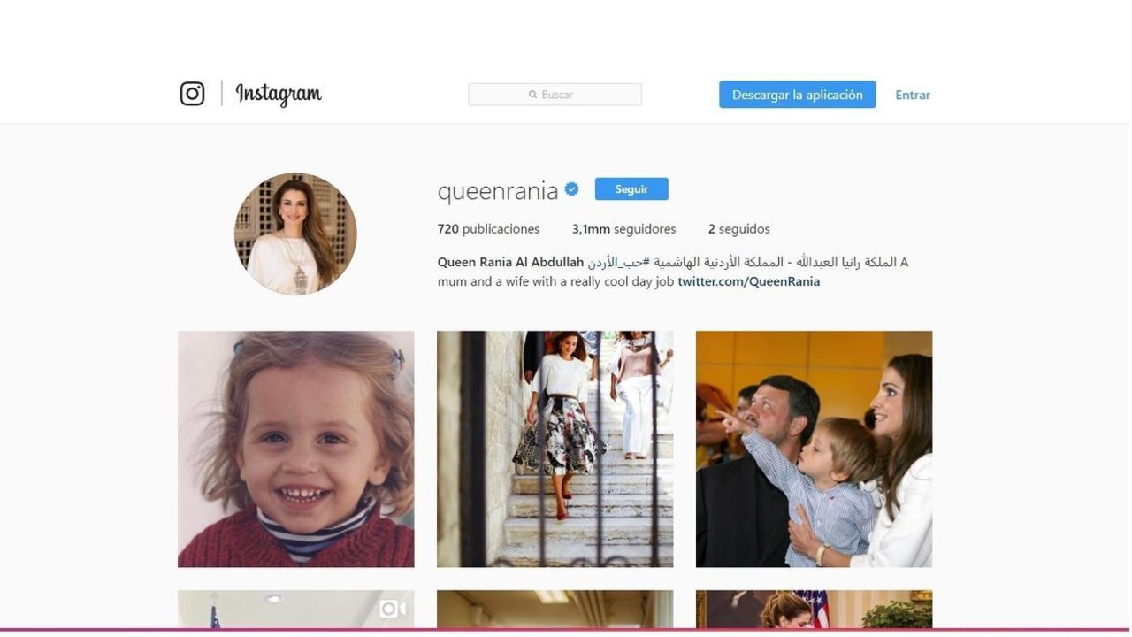 Perfil de la reina Rania de Jordania en Instagram.