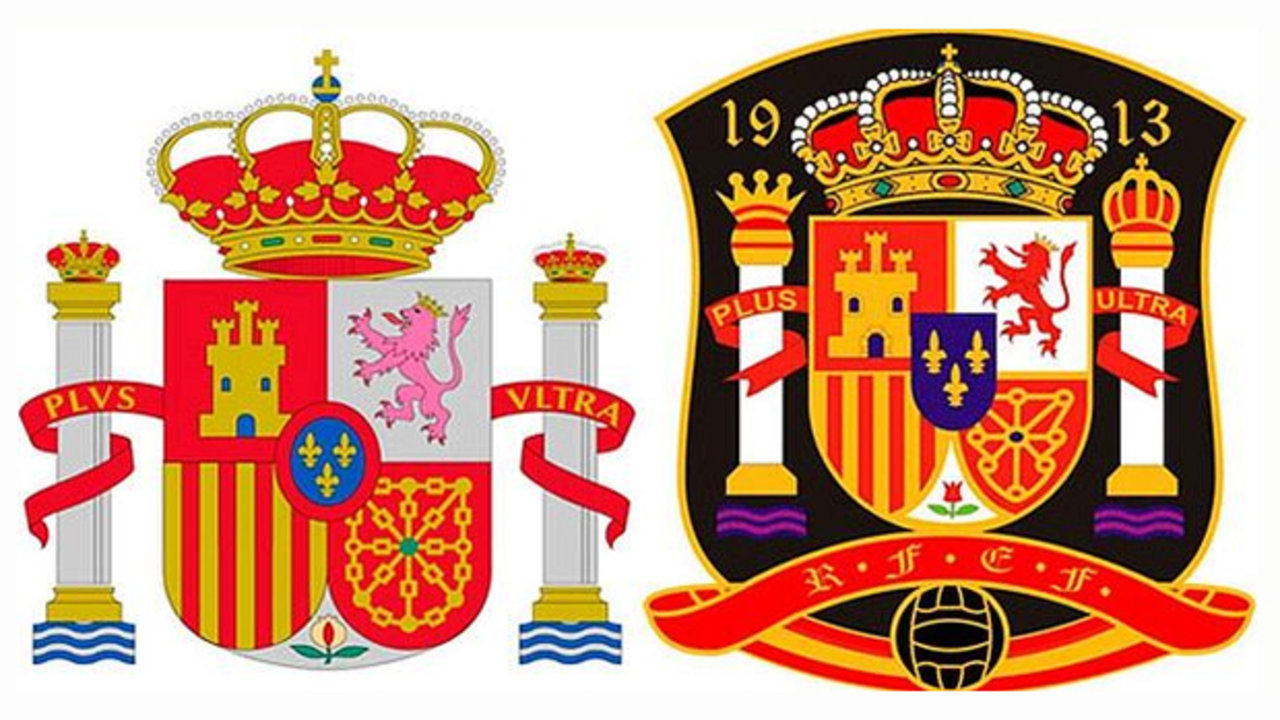 Imagen del escudo nacional y el emblema que portan los jugadores de la selección española.