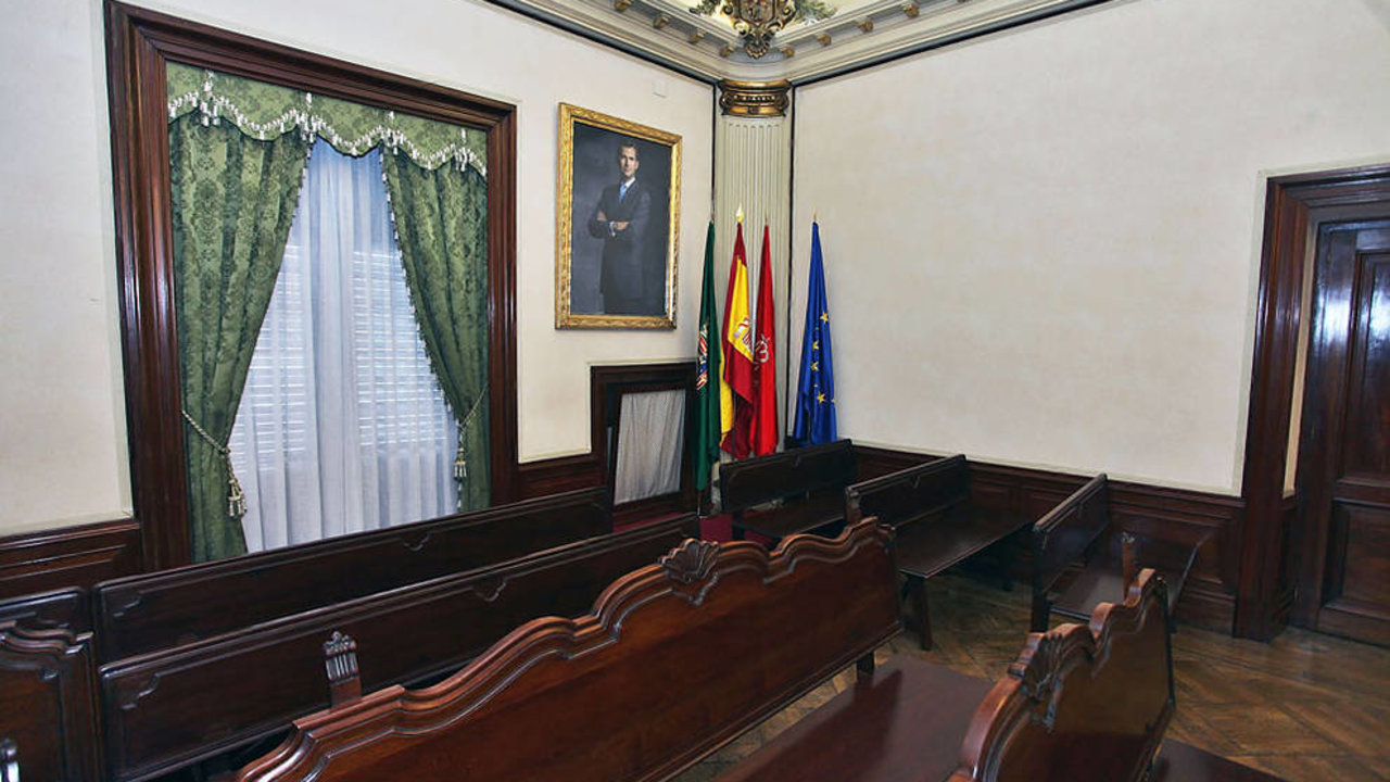 Retrato de Felipe VI y banderas, detrás del público del salón de plenos de Pamplona.