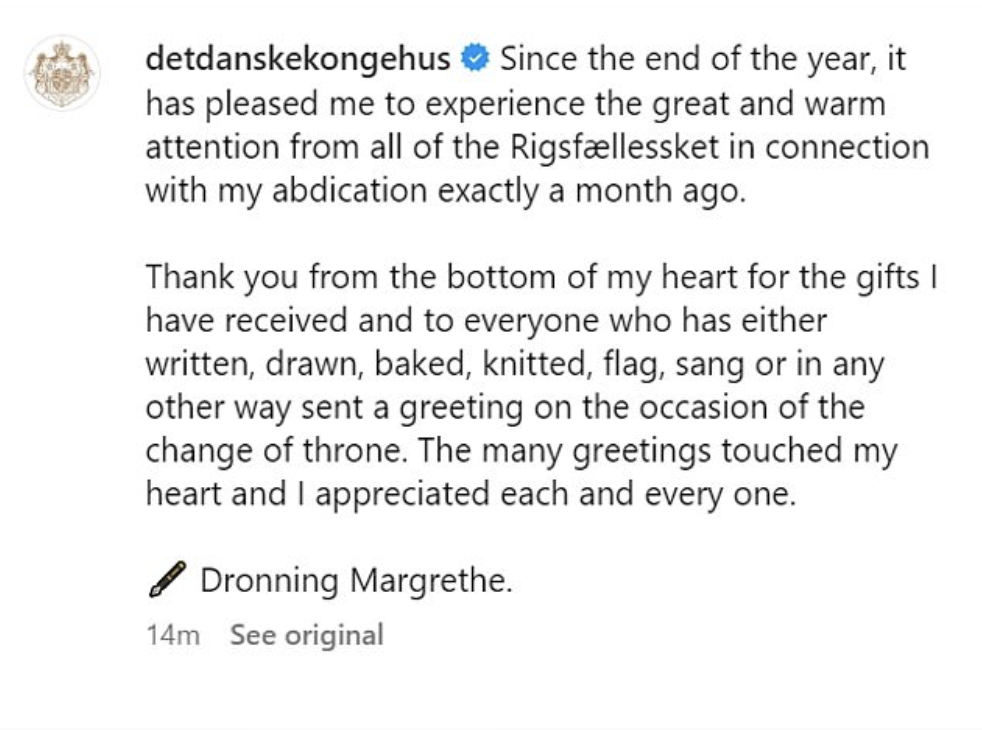 Margrethe publicó un mensaje en Instagram para agradecer todo el apoyo recibido desde que anunció su abdicación